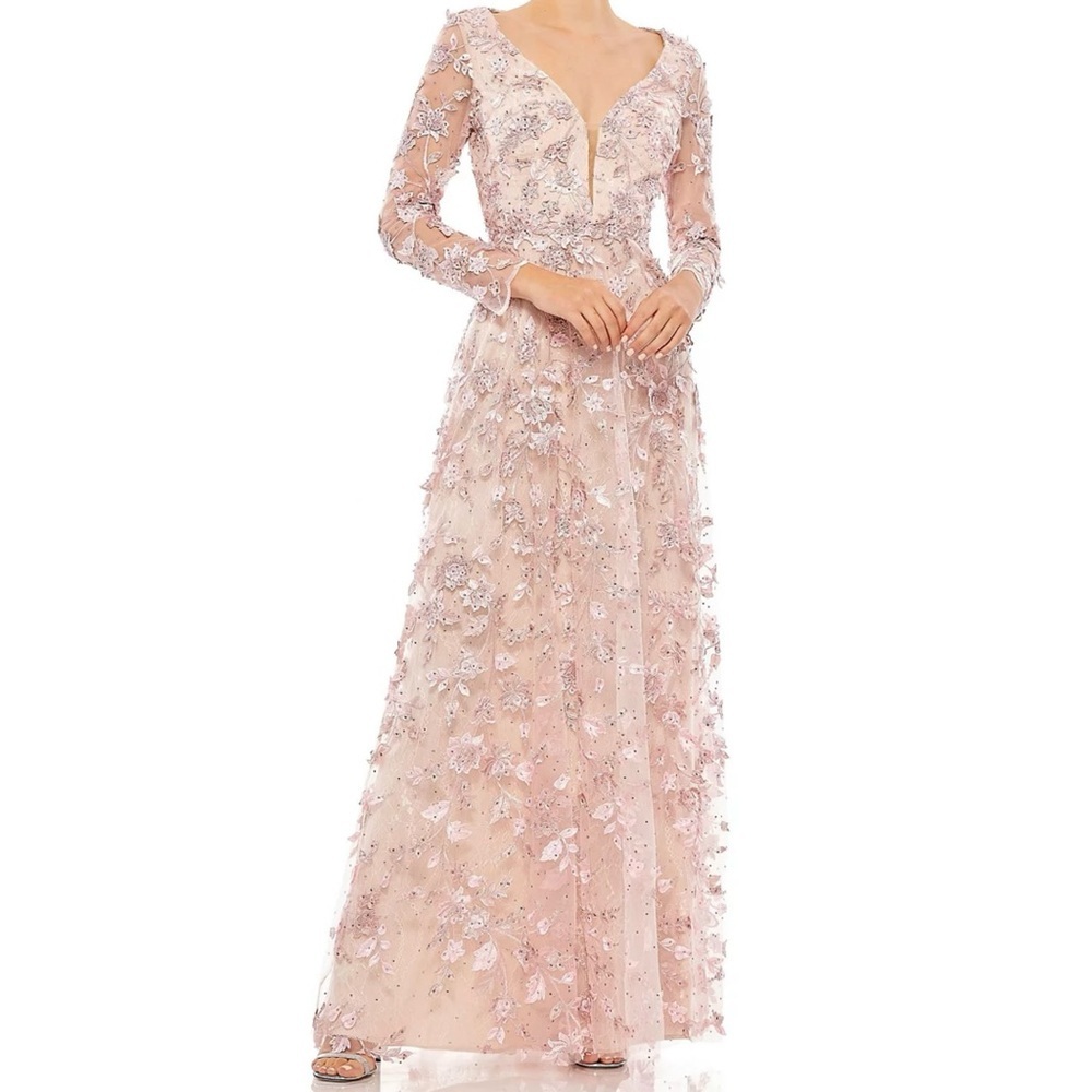 Mac Duggal Blush Pink Floral Appliqué Illusion Gown Dress
